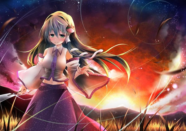 Anime picture 1416x1000 with touhou kochiya sanae bell (satappe) green eyes sky green hair evening sunset girl detached sleeves star (stars) snake