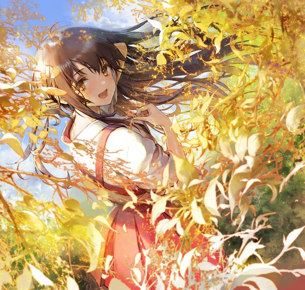 Anime picture 1276x1217 with kantai collection akagi aircraft carrier 888myrrh888 single long hair looking at viewer blush fringe open mouth hair between eyes brown hair standing yellow eyes sky cloud (clouds) outdoors :d pleated skirt looking back arm up