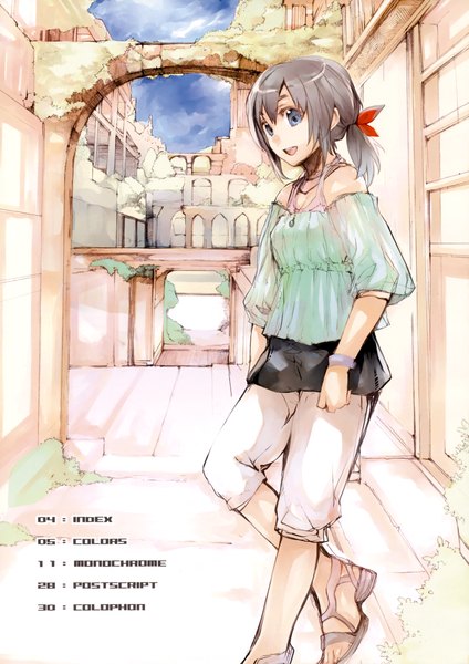 Anime picture 2472x3500 with onmi7 (artbook) fujishima (artist) single tall image highres short hair open mouth blue eyes black hair smile bare shoulders ponytail scan inscription girl bow hair bow bracelet building (buildings) jewelry