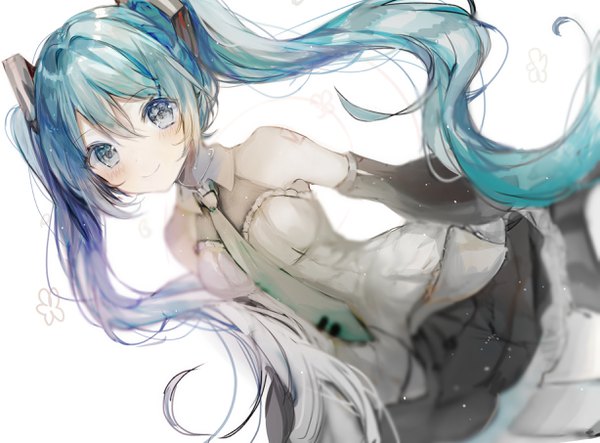 Anime picture 2453x1812 with vocaloid hatsune miku cruz single long hair blush highres blue eyes simple background smile white background twintails bare shoulders aqua hair girl detached sleeves necktie flower (symbol)