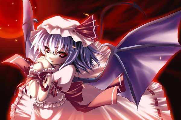 Anime picture 1200x800 with touhou remilia scarlet usume shirou single short hair red eyes blue hair tail night teeth fang (fangs) vampire red moon girl dress skirt ribbon (ribbons) wings frills moon