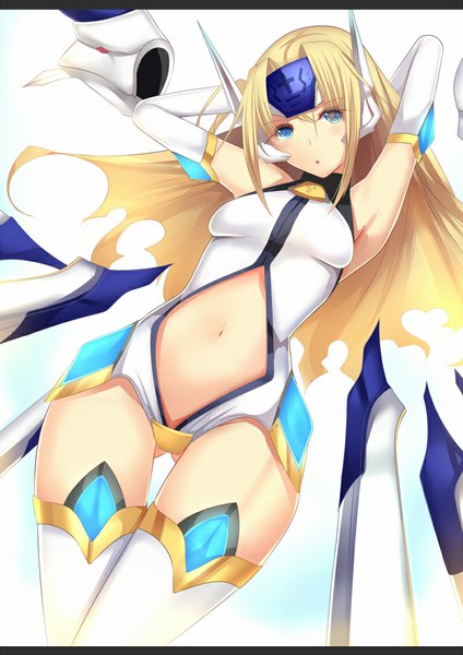 Anime picture 800x1131 with blazblue mu-12 daiaru single long hair tall image blue eyes light erotic blonde hair girl thighhighs gloves navel weapon white thighhighs elbow gloves bodysuit