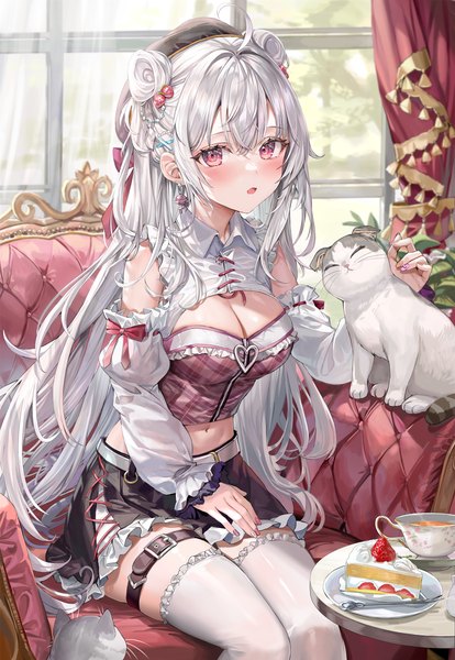Anime picture 2403x3485 with original momoko (momopoco) single long hair tall image looking at viewer blush fringe highres breasts open mouth hair between eyes red eyes sitting bare shoulders cleavage silver hair ahoge indoors nail polish