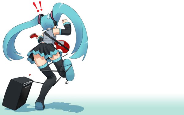 イラスト 1920x1200 と ボーカロイド 初音ミク 凪庵 highres wide image 白背景 ツインテール pleated skirt from behind 絶対領域 女の子 ストッキング スカート 袖だけ 長靴 ピック electric guitar amplifier guitar amplifier drop