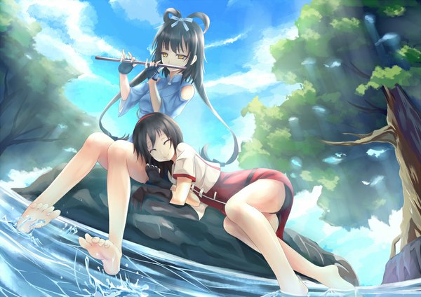 Anime picture 1000x707 with vocaloid vocaloid china luo tianyi yuezheng ling zi se long hair black hair sitting multiple girls yellow eyes lying eyes closed barefoot river girl hair ornament 2 girls plant (plants) tree (trees) water