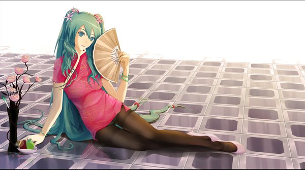 Anime picture 1440x804 with vocaloid hatsune miku long hair blue eyes wide image green hair chinese clothes girl flower (flowers) pantyhose fan chinese dress apple