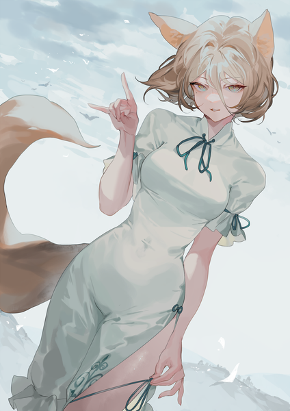 Anime picture 1200x1698 with touhou kudamaki tsukasa hillly (maiwetea) single tall image looking at viewer fringe short hair breasts blonde hair hair between eyes standing holding animal ears yellow eyes outdoors tail traditional clothes head tilt animal tail