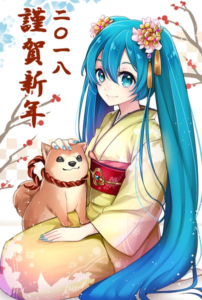 Anime picture 800x1184 with vocaloid hatsune miku mamo (fortune-mm) single tall image fringe smile hair between eyes sitting twintails very long hair nail polish traditional clothes japanese clothes aqua eyes aqua hair new year seiza aqua nail polish nengajou