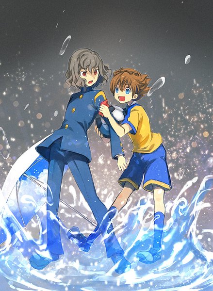 Anime picture 685x936 with inazuma eleven inazuma eleven go shindou takuto matsukaze tenma aofujiake tall image short hair open mouth blue eyes red eyes brown hair looking away grey hair multiple boys boy uniform school uniform water umbrella 2 boys