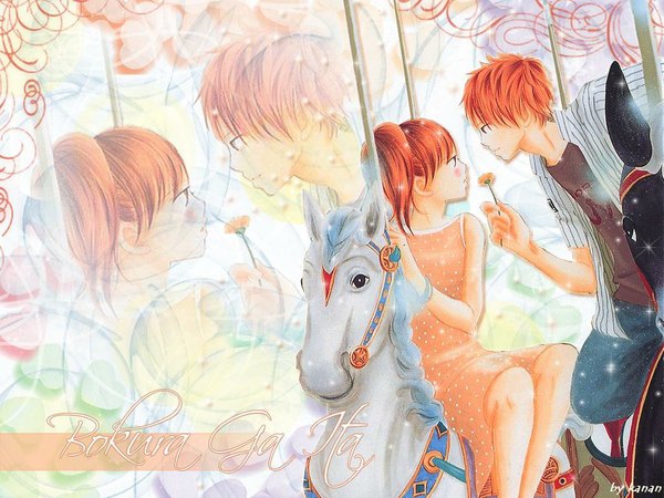 Anime picture 1024x768 with bokura ga ita motoharu yano nanami takahashi blush fringe short hair blonde hair brown hair sitting profile couple face to face girl boy flower (flowers) carousel