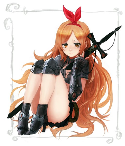 Anime picture 1000x1168 with original meto31 single long hair tall image looking at viewer light erotic simple background white background sitting orange hair orange eyes high heels legs tears girl weapon sword boots hairband