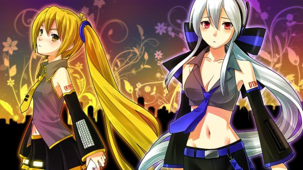 Anime picture 1200x675 with vocaloid yowane haku akita neru long hair blush open mouth blonde hair red eyes wide image bare shoulders multiple girls yellow eyes cleavage white hair midriff tattoo girl navel 2 girls detached sleeves