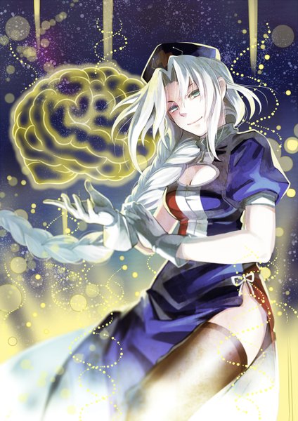 Anime picture 1000x1414 with touhou yagokoro eirin socha single tall image looking at viewer light erotic smile cleavage silver hair braid (braids) very long hair aqua eyes light smile grey eyes cleavage cutout girl thighhighs gloves black thighhighs
