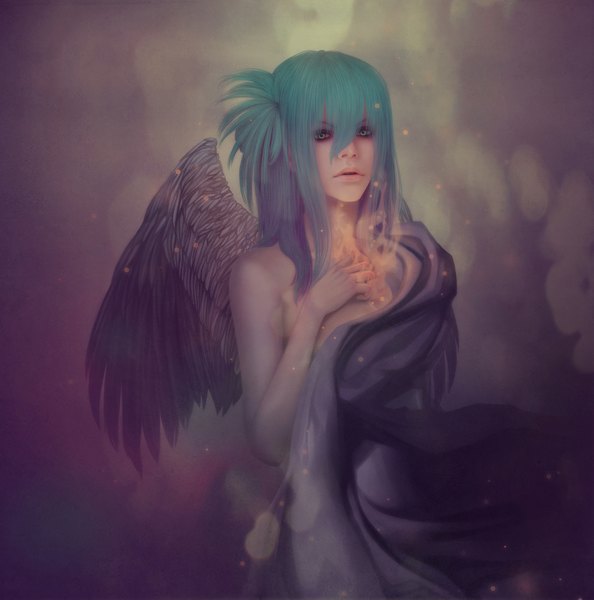 Anime picture 2000x2020 with original ripa666 single tall image looking at viewer highres short hair aqua eyes lips realistic aqua hair girl wings flame