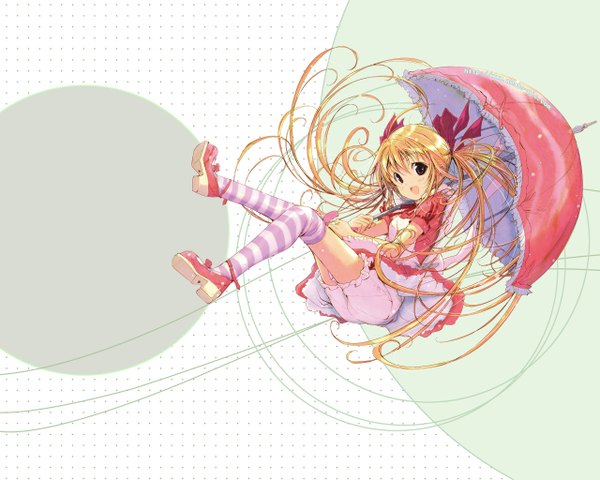 Anime picture 1280x1024 with original ozaki hiroki long hair open mouth blonde hair white background twintails brown eyes wallpaper flying girl thighhighs ribbon (ribbons) hair ribbon umbrella striped thighhighs knickers