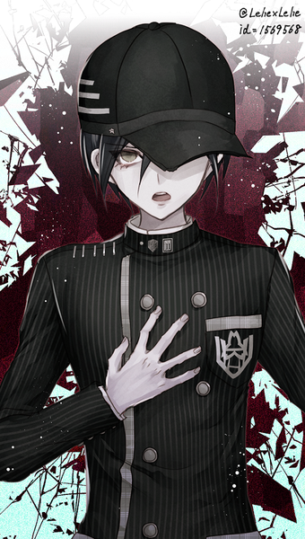 Anime picture 590x1039 with dangan ronpa new danganronpa v3 saihara shuuichi z-epto (chat-noir86) single tall image looking at viewer fringe short hair open mouth black hair hair between eyes signed upper body grey eyes hand on chest broken glass hat over eyes boy uniform
