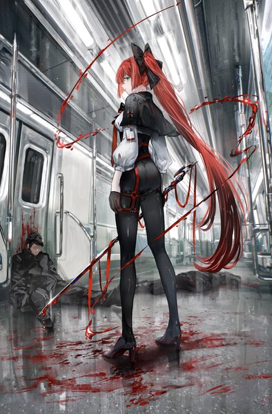 Anime picture 2684x4092 with original nanaponi tall image fringe highres hair between eyes standing holding green eyes full body ponytail red hair long sleeves very long hair parted lips profile looking back from behind high heels puffy sleeves