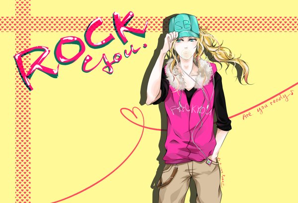 Anime picture 1920x1314 with level e baka ki el dogra single long hair highres blue eyes blonde hair ponytail wind inscription hand in pocket yellow background heart of string boy heart headphones vest wire (wires) suspenders baseball cap