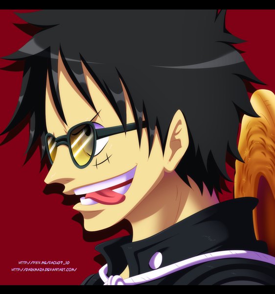 Anime picture 1500x1600 with one piece toei animation monkey d. luffy darkmaza single tall image fringe short hair black hair simple background smile signed upper body profile black eyes teeth coloring scar red background hat removed