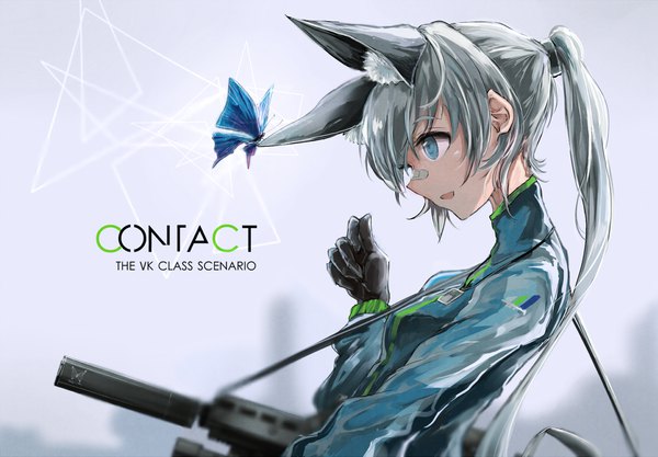 Anime picture 1414x985 with original swav single long hair open mouth blue eyes simple background smile animal ears looking away upper body ponytail profile grey hair grey background fox ears text fox girl english bandaid on nose