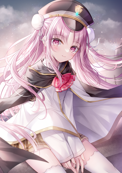 Anime picture 1100x1559 with heaven burns red kunimi tama kohinata hoshimi single long hair tall image looking at viewer blush fringe smile sitting pink hair outdoors pink eyes two side up girl thighhighs white thighhighs cape peaked cap
