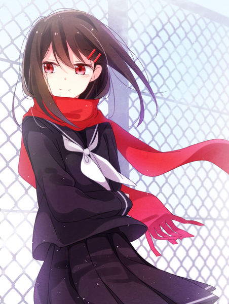 Anime picture 904x1200 with kagerou project shaft (studio) tateyama ayano rirako single long hair tall image fringe black hair smile hair between eyes red eyes looking away wind girl uniform serafuku hairclip scarf fence