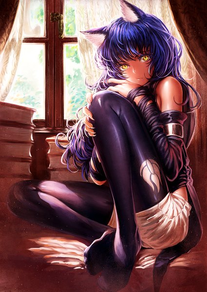 Anime picture 724x1023 with rwby rooster teeth blake belladonna lain (rinlain) single long hair tall image looking at viewer blush fringe sitting bare shoulders animal ears yellow eyes blue hair full body bent knee (knees) indoors sunlight cat ears