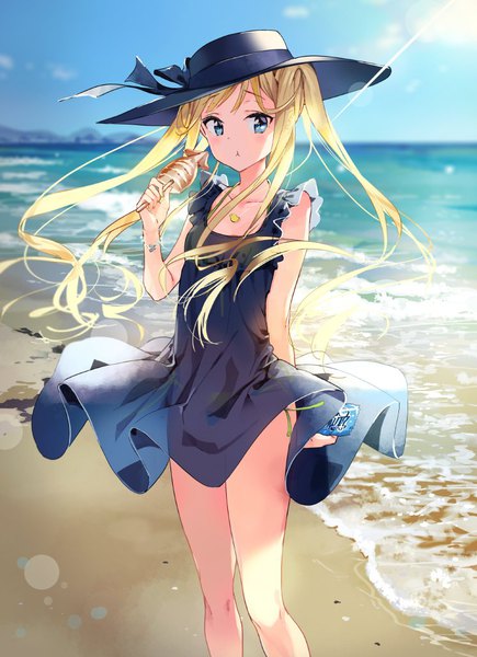 Anime picture 747x1030 with original tiv single long hair tall image looking at viewer blush fringe blue eyes light erotic blonde hair standing twintails holding sky cloud (clouds) wind sunlight blurry shadow