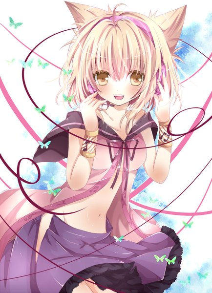 Anime picture 1000x1381 with touhou toyosatomimi no miko nanase nao tall image looking at viewer blush short hair open mouth blonde hair animal ears yellow eyes midriff girl skirt navel miniskirt headphones insect butterfly