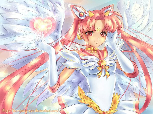 Anime picture 1024x768 with bishoujo senshi sailor moon toei animation chibiusa kaminary kendaoh (artist) long hair twintails pink hair pink eyes magic alternate age girl dress gloves hair ornament wings elbow gloves heart