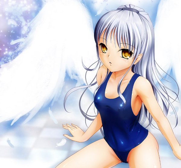 Anime picture 1080x1000 with angel beats! key (studio) tachibana kanade kgo single long hair open mouth light erotic simple background sitting brown eyes silver hair angel wings girl swimsuit feather (feathers) one-piece swimsuit school swimsuit