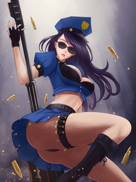 Anime-Bild 896x1200 mit league of legends caitlyn (league of legends) officer caitlyn seiryu zaiten single long hair tall image looking at viewer light erotic purple eyes purple hair bent knee (knees) parted lips pleated skirt bare belly pantyshot floating hair lacing girl skirt