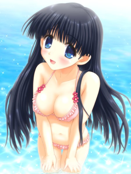 Anime picture 600x800 with to heart 2 leaf (studio) kusakabe yuuki (to heart 2) aoi akua single long hair tall image looking at viewer blush fringe breasts open mouth blue eyes light erotic black hair smile standing outdoors blunt bangs :d