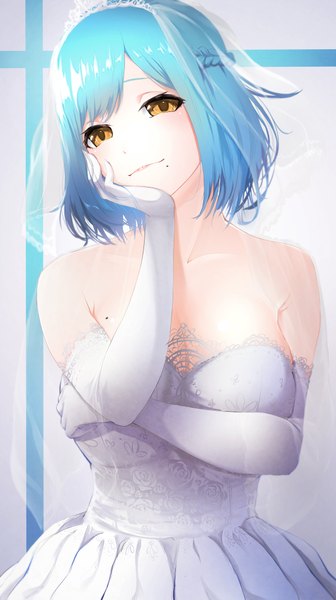 Anime picture 2295x4093 with virtual youtuber nijisanji moira (nijisanji) shiba 930 single tall image looking at viewer fringe highres short hair breasts light erotic simple background large breasts standing bare shoulders brown eyes cleavage upper body braid (braids)