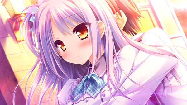 Anime picture 1280x720 with tayutama 2 saijou hifumi long hair blush short hair wide image looking away game cg purple hair orange eyes couple hug girl boy uniform hair ornament school uniform