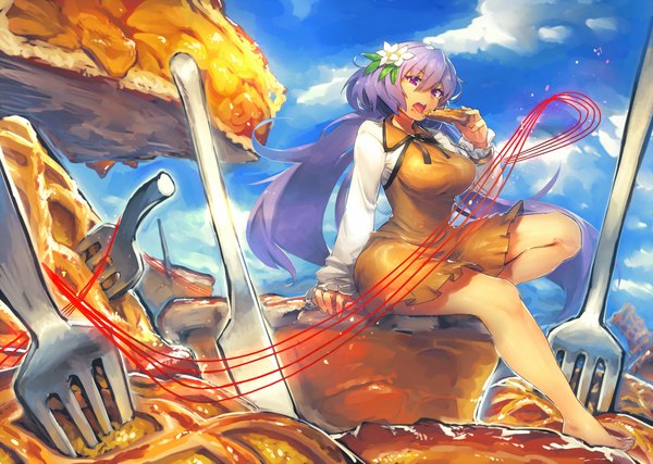 Anime picture 2000x1425 with touhou tsukumo benben temmasa22 single long hair looking at viewer highres open mouth purple eyes sky purple hair cloud (clouds) barefoot hair flower eating girl dress hair ornament flower (flowers) sweets