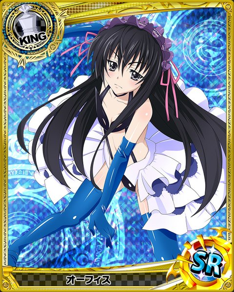 Anime picture 640x800 with highschool dxd ophis single long hair tall image looking at viewer blush black hair black eyes loli card (medium) girl thighhighs dress gloves elbow gloves headdress lolita hairband