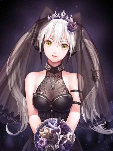 Anime picture 900x1200 with girls frontline destroyer (girls frontline) lunacle single long hair tall image looking at viewer blush fringe breasts hair between eyes twintails bare shoulders holding yellow eyes cleavage silver hair upper body head tilt multicolored hair