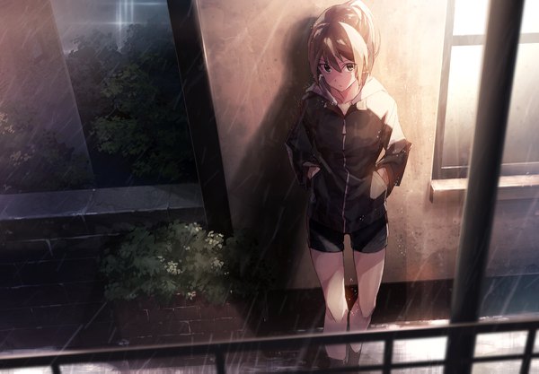 Anime picture 1200x835 with original k-me single long hair looking at viewer fringe hair between eyes brown hair standing brown eyes ponytail from above rain hands in pockets against wall girl shorts wall bike shorts