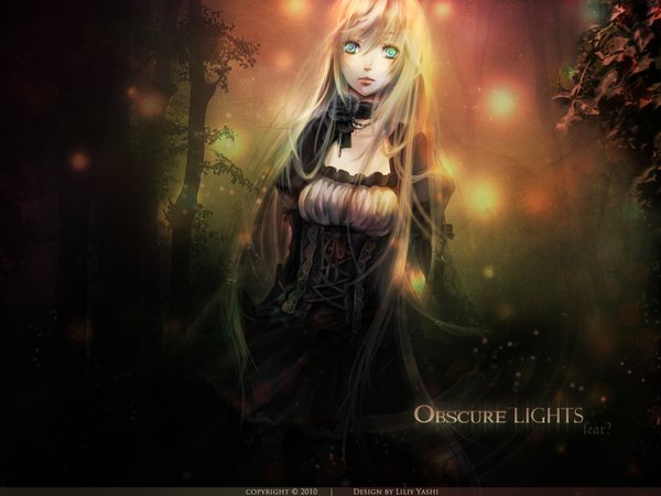 Anime picture 1600x1200 with original blonde hair very long hair aqua eyes dress plant (plants) tree (trees) forest