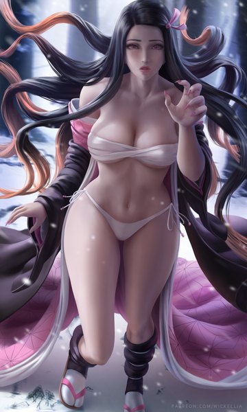 Anime picture 3000x5000 with kimetsu no yaiba ufotable kamado nezuko wickellia single long hair tall image looking at viewer blush highres breasts light erotic black hair large breasts standing signed outdoors traditional clothes parted lips japanese clothes
