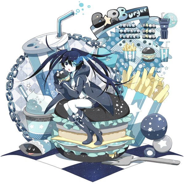 Anime picture 1500x1506 with black rock shooter black rock shooter (character) long hair tall image open mouth blue eyes black hair sitting twintails glowing glowing eye (eyes) eating girl food shorts boots chain cloak ball fork