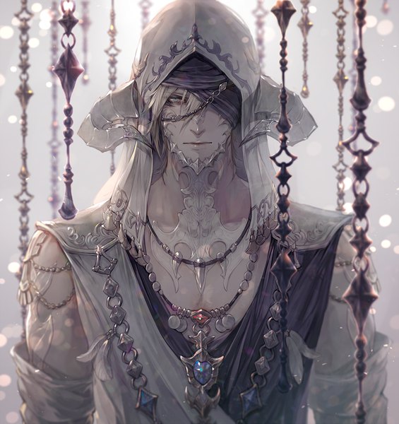 Anime picture 1000x1063 with final fantasy final fantasy xiv square enix au ra senano-yu single tall image looking at viewer fringe short hair blue eyes blonde hair hair between eyes standing upper body horn (horns) blurry expressionless covering eye (eyes) boy