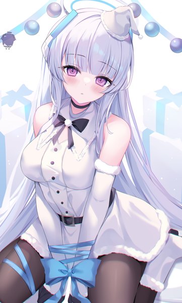 Anime picture 2460x4093 with blue archive noa (blue archive) gou 213 single tall image looking at viewer blush highres sitting purple eyes silver hair very long hair head tilt wariza christmas bound hands girl ribbon (ribbons) bow hat