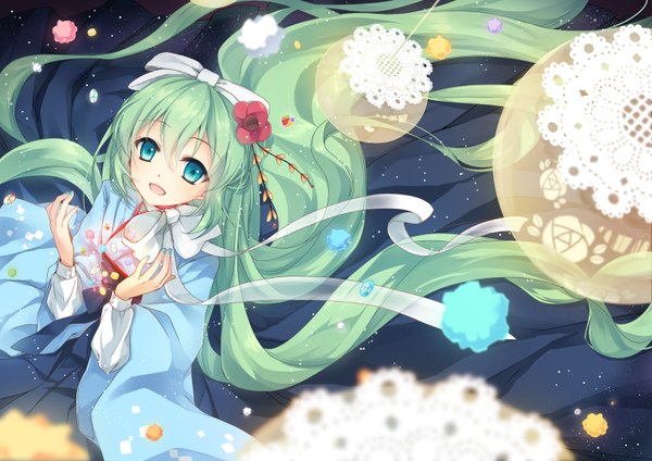 Anime picture 1500x1060 with vocaloid hatsune miku ceru single looking at viewer open mouth blue eyes hair between eyes very long hair hair flower aqua hair girl dress flower (flowers) bow hair bow