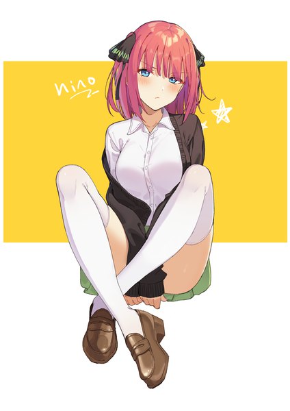 Anime picture 2480x3508 with go-toubun no hanayome nakano nino icarus (632247131) single tall image looking at viewer blush fringe highres short hair blue eyes light erotic pink hair full body blunt bangs head tilt off shoulder two side up character names girl