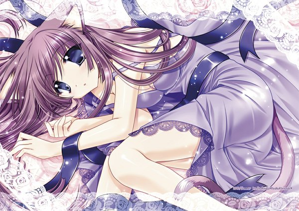 Anime picture 1071x758 with ryuuga shou blue eyes animal ears purple hair tail lying cat girl girl dress