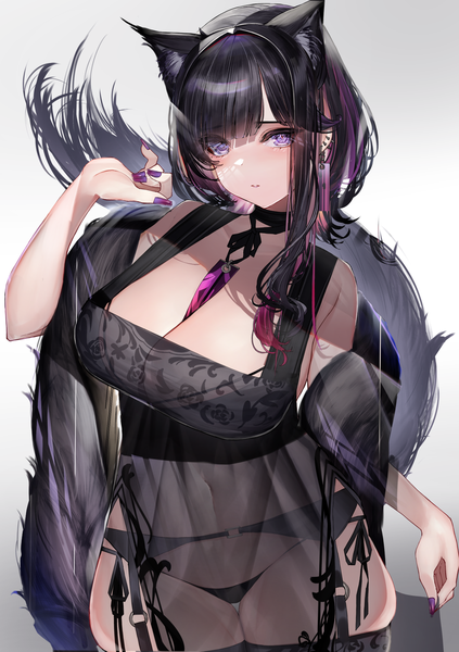 Anime picture 1529x2171 with original lamium (artist) single tall image short hair breasts light erotic black hair simple background purple eyes animal ears tail nail polish animal tail fingernails grey background huge breasts piercing skindentation ear piercing