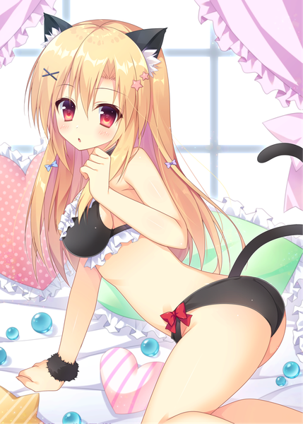 Anime picture 1296x1812 with original nagisa rio single long hair tall image looking at viewer blush fringe breasts open mouth light erotic blonde hair hair between eyes red eyes animal ears payot bent knee (knees) ass indoors tail