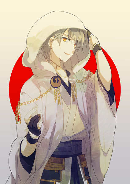 Anime picture 645x911 with touken ranbu nitroplus tsurumaru kuninaga hage ta single tall image short hair simple background smile yellow eyes silver hair traditional clothes parted lips japanese clothes grey background boy hood partly fingerless gloves
